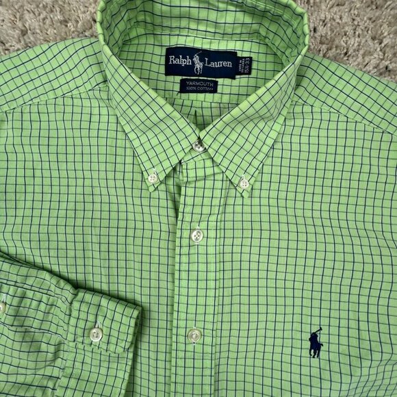 Ralph Lauren Yarmouth Shirt Adult 15.5 33 Button Up Long Sleeve Green Blue Check - Picture 1 of 10